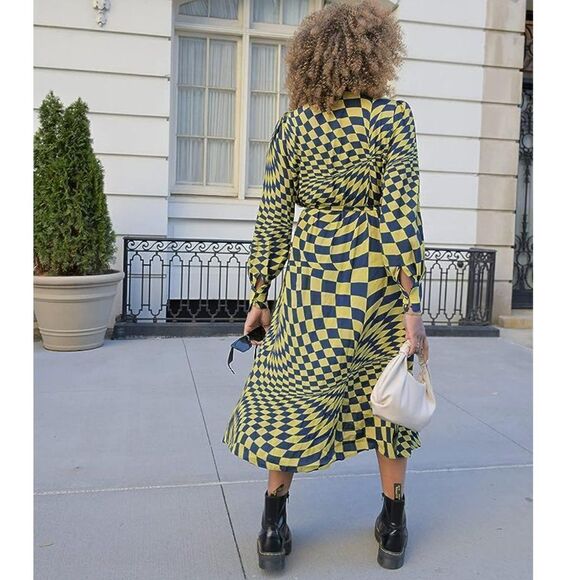 The Drop Geometric Print Midi Shirt Dress Long Sleeve Size XS Yellow Blue - Picture 2 of 9